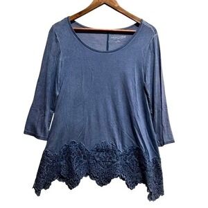 Soft Surroundings Blue‎ Crochet Lace Hem Top Small 3/4 Sleeve Boho Tunic Blouse